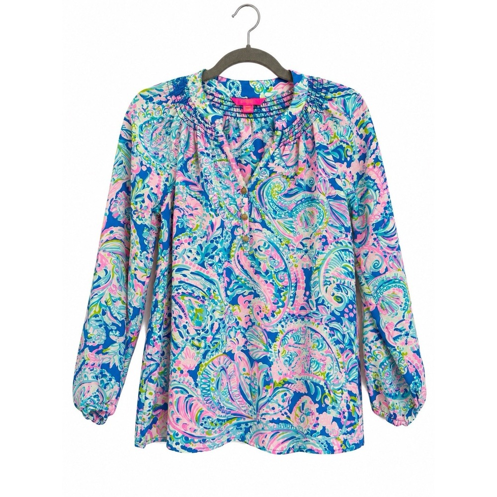 Lilly Pulitzer Elsa Silk Top S Multi Dream Team Paisley Print Blue Pink Blouse